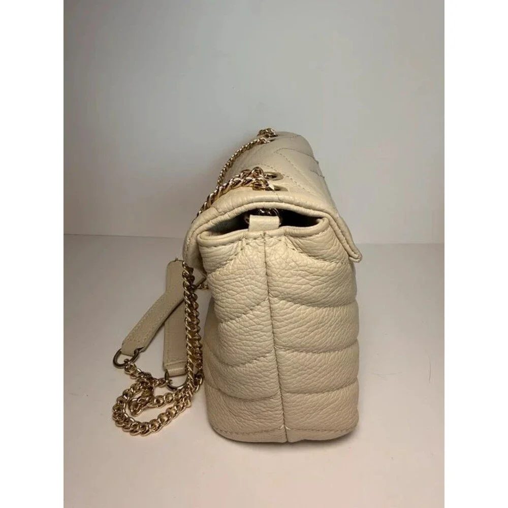 Divina Firenze Italian Genuine Leather Chevron Quilted Crossbody Bag - Beige